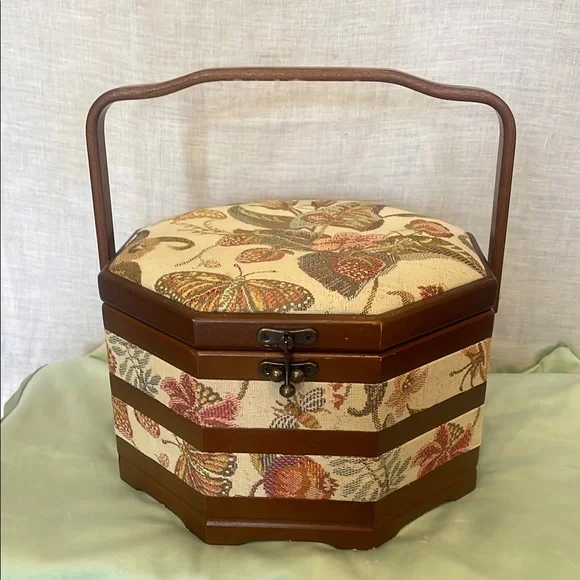 Floral/butterfly tapestry Octagonal Storage Box with Handle -sewing box - Picture 1 of 4